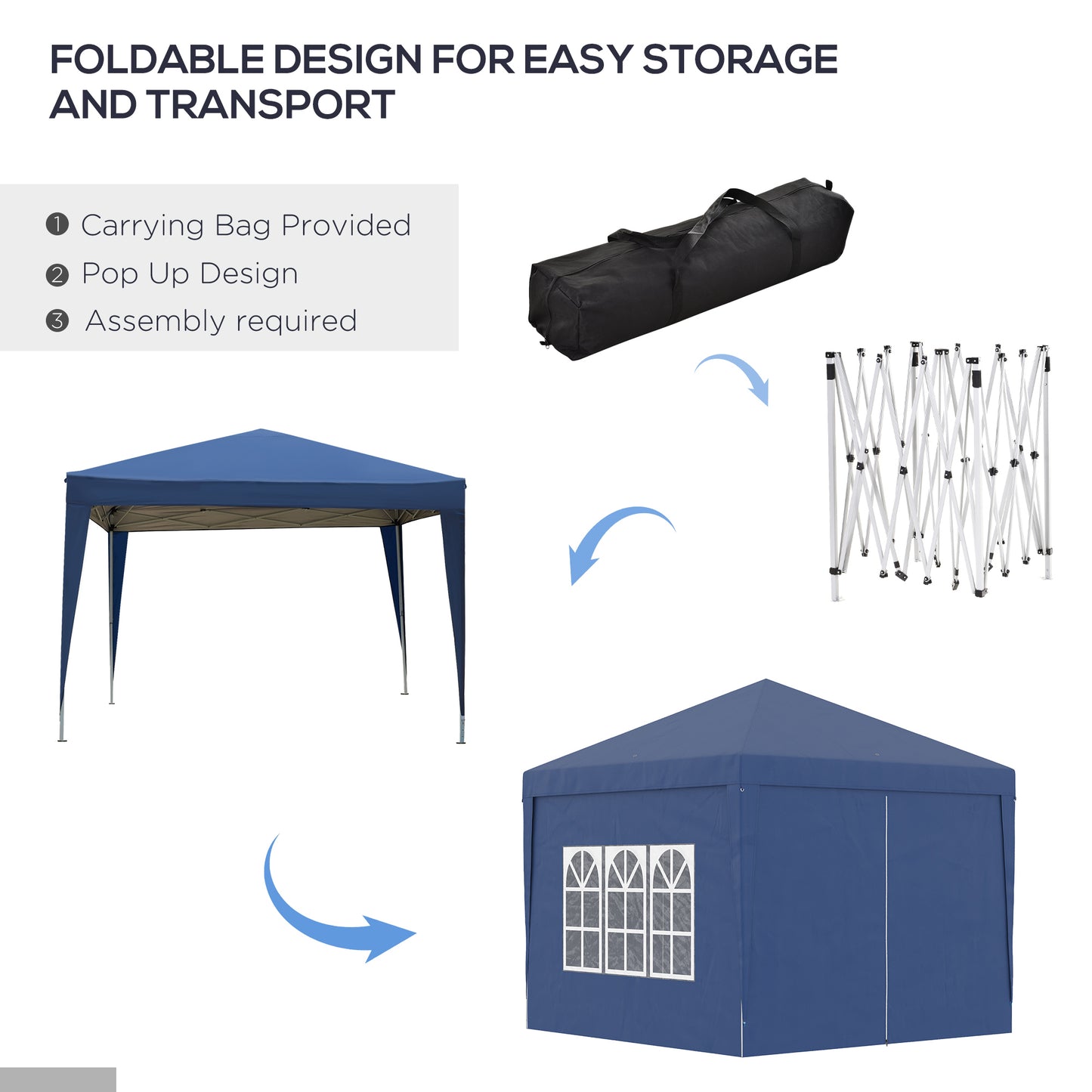Outsunny 3 x 3 Meters Pop Up Water Resistant Gazebo Wedding Camping Party Tent Canopy Marquee with Carry Bag and 2 Windows, Blue