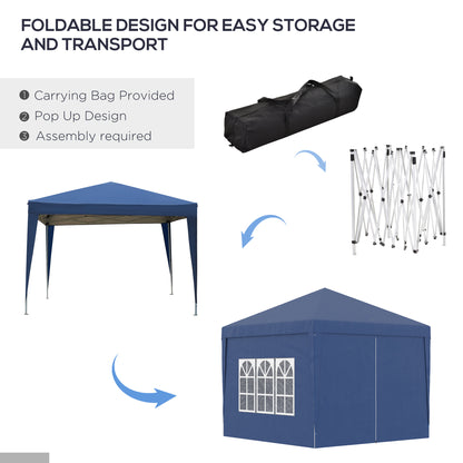 Outsunny 3 x 3 Meters Pop Up Water Resistant Gazebo Wedding Camping Party Tent Canopy Marquee with Carry Bag and 2 Windows, Blue