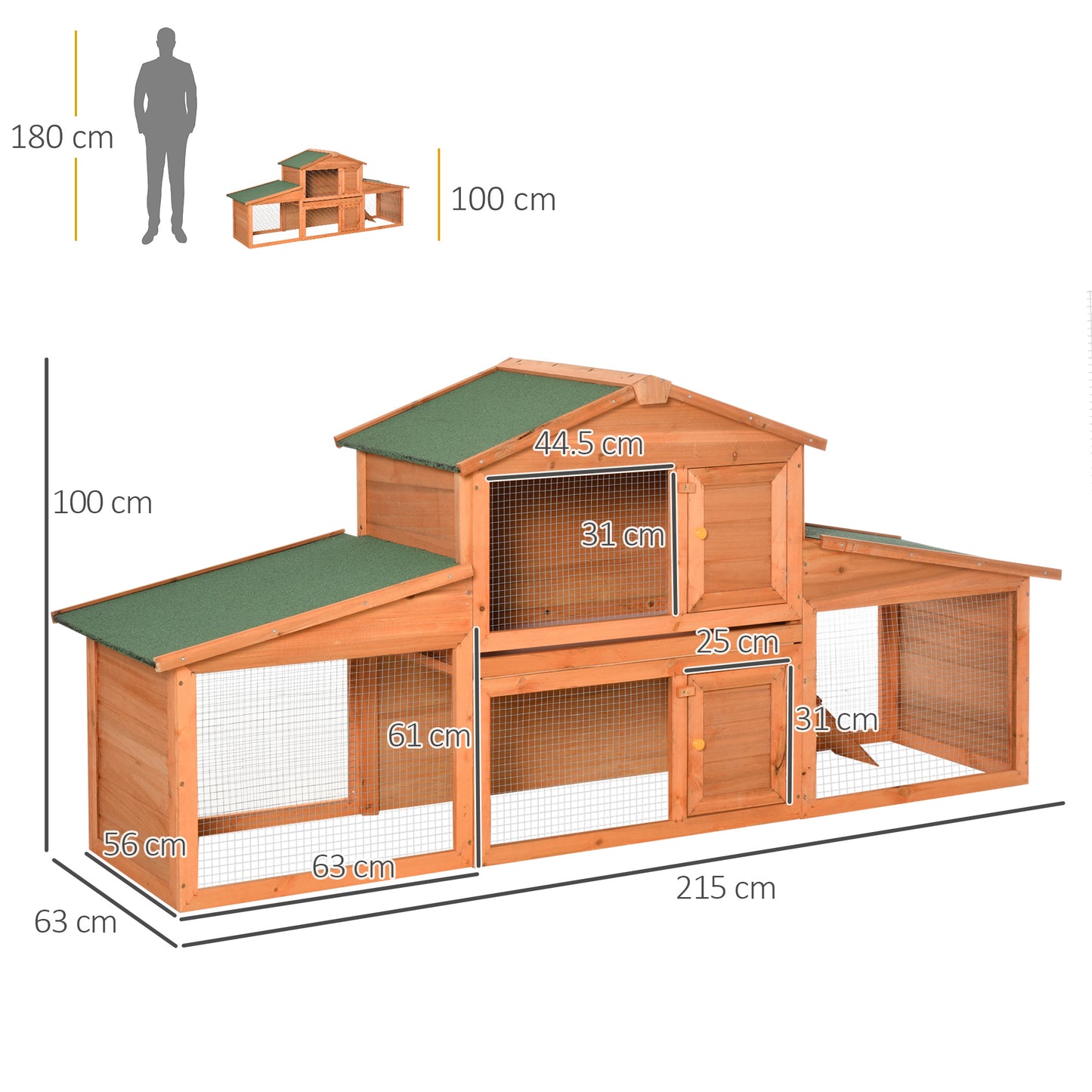 Large Rabbit Hutch Outdoor, Guinea Pig Hutch, Wooden Small Animal House, with Rabbit Run, 215 x 63 x 100 cm