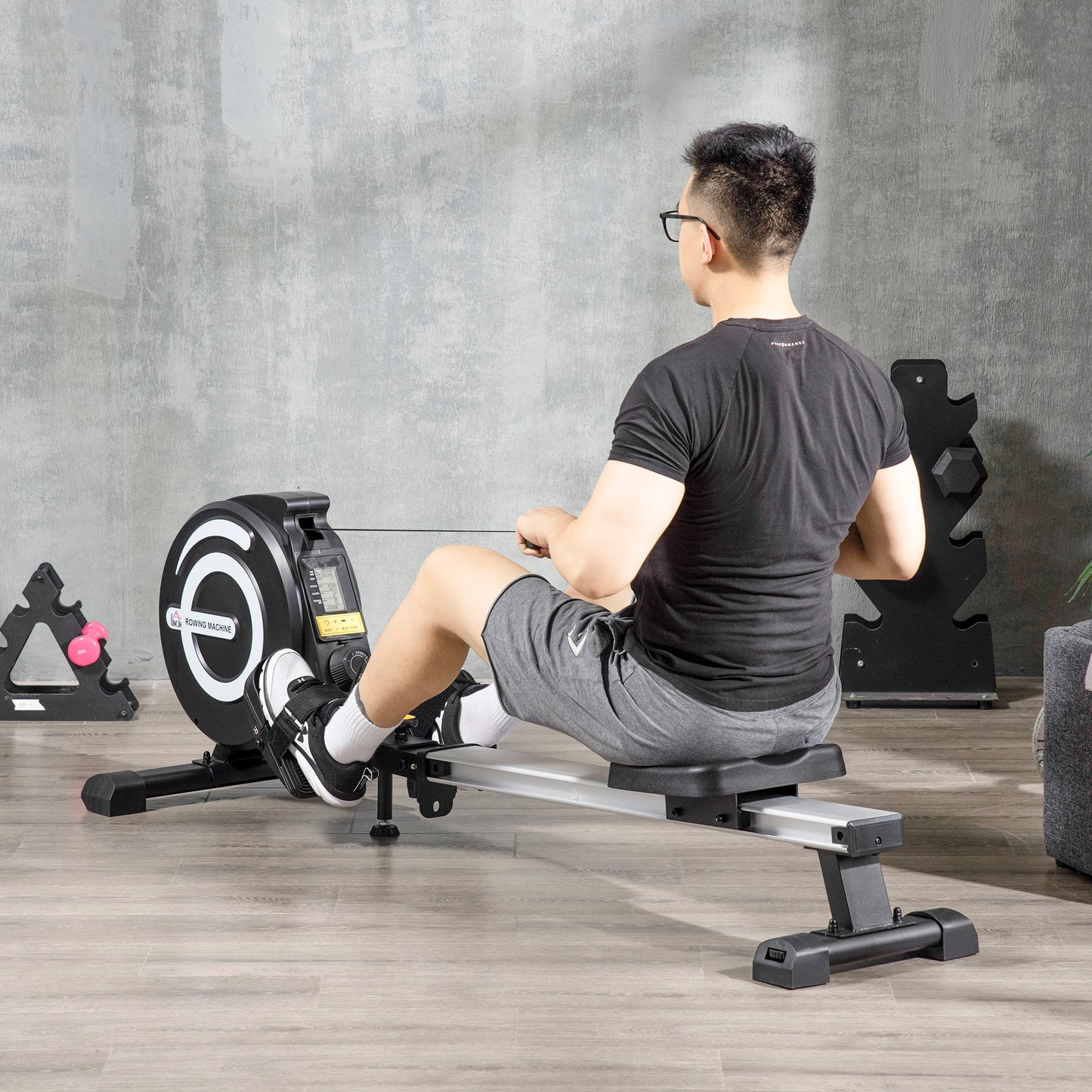 Indoor Body Health & Fitness Adjustable Magnetic Rowing Machine Rower with LCD Digital Monitor & Wheels for Home Gym