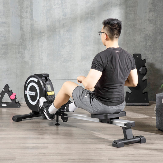 Indoor Body Health & Fitness Adjustable Magnetic Rowing Machine Rower with LCD Digital Monitor & Wheels for Home Gym