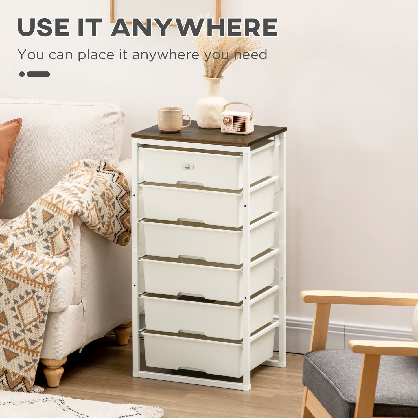 Chest of Drawers, 6-Drawer Storage Organiser Unit with Steel Frame for Bedroom, Living Room, White