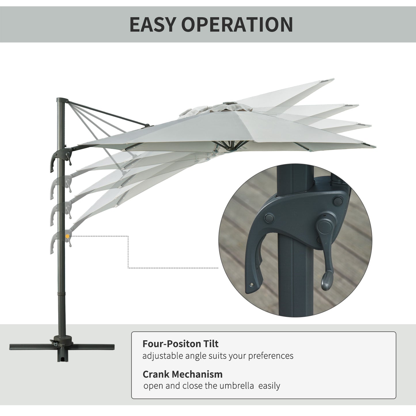 3(m) Cantilever Roma Parasol Patio Sun Umbrella with LED Solar Light Cross Base 360° Rotating Outdoor, Grey