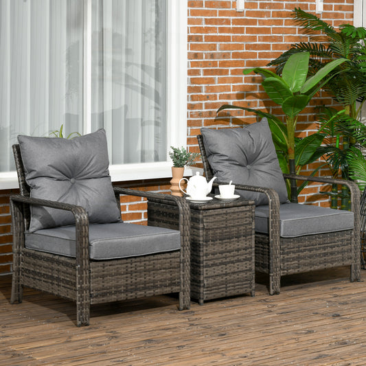 3 pcs PE Rattan Wicker Garden Furniture Patio Bistro Set Weave Conservatory Sofa Storage Table and Chairs Set Grey Cushion & Wicker