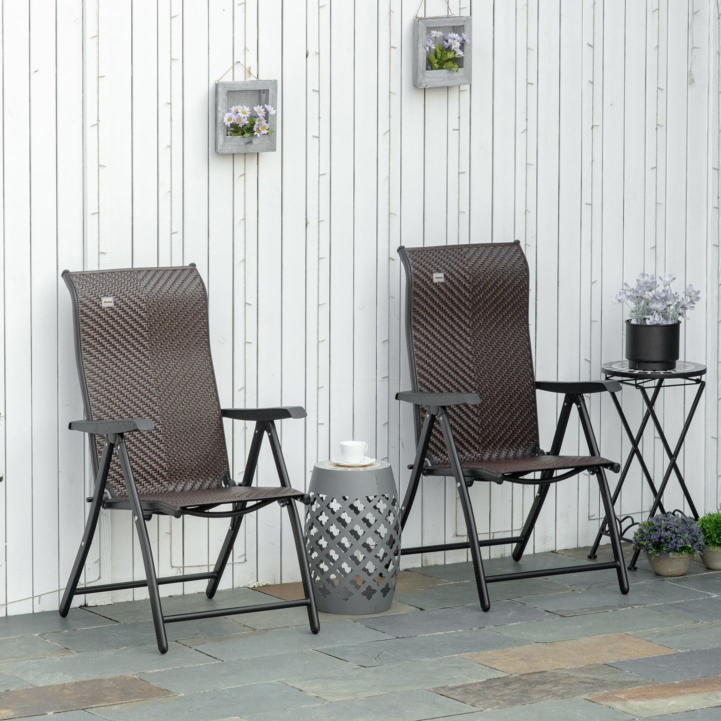 Outsunny Set of 2 Outdoor Wicker Folding Chairs, Patio PE Rattan Dining Armrests Chair set with 7 Levels Adjustable Backrest, for Outdoors, Camping, Red Brown