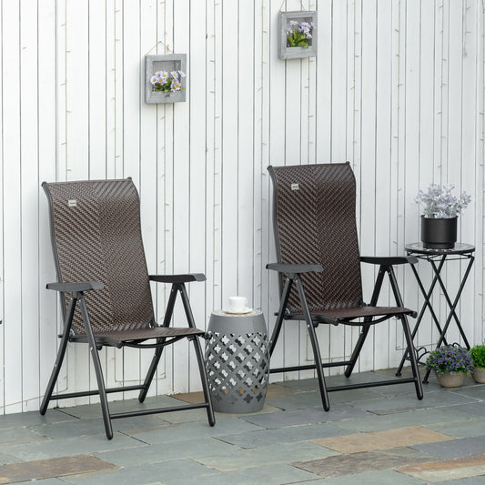 Outsunny Set of 2 Outdoor Wicker Folding Chairs, Patio PE Rattan Dining Armrests Chair set with 7 Levels Adjustable Backrest, for Outdoors, Camping, Red Brown