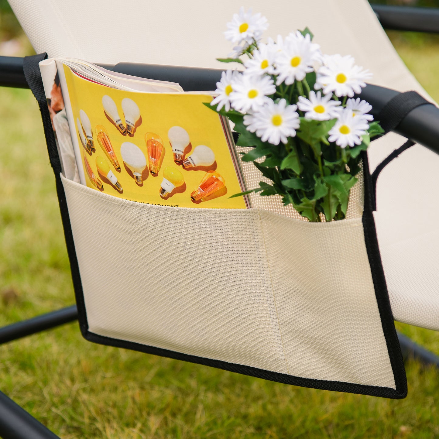 Breathable Mesh Rocking Chair Patio Rocker Lounge for Indoor & Outdoor Recliner Seat w/ Removable Headrest for Garden and Patio Cream White