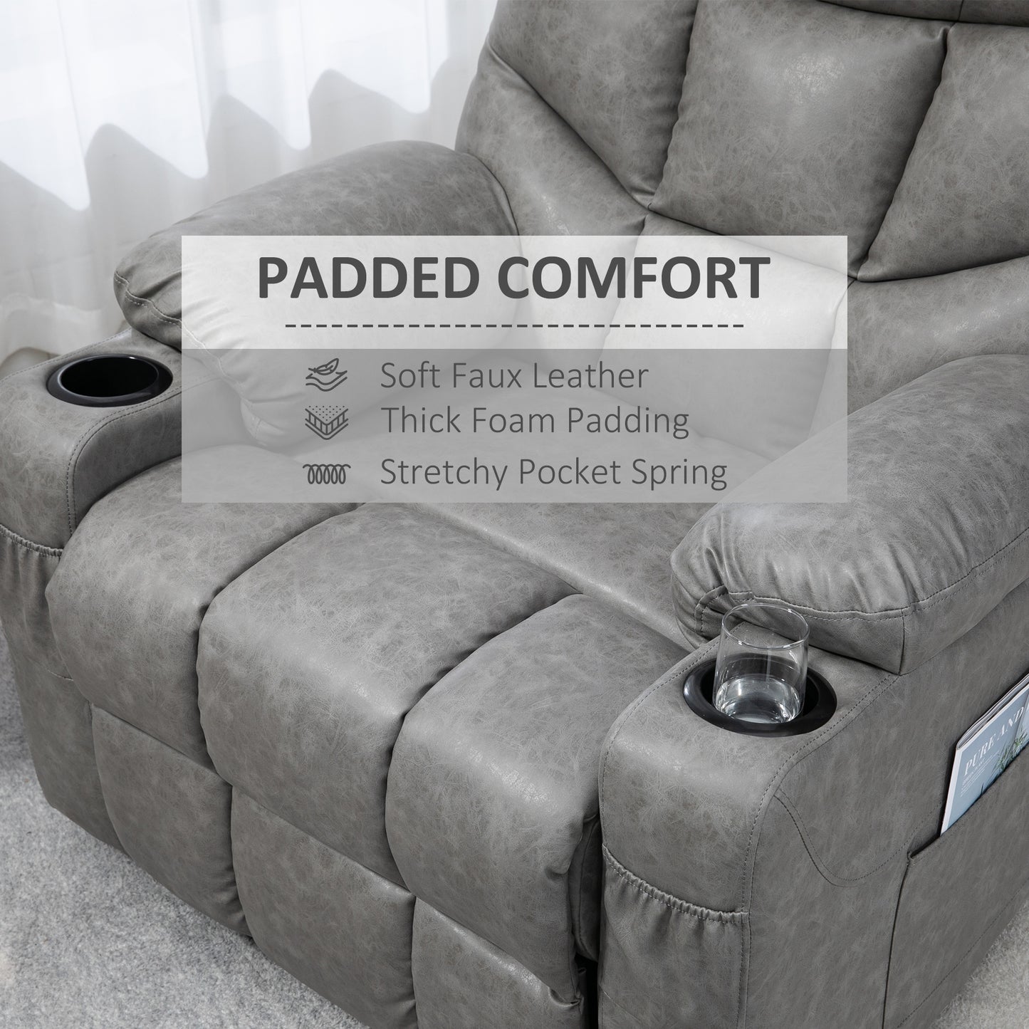 Manual Recliner Chair, Overstuffed PU Leather Recliner Armchair with Footrest, Cup Holders, Side Pockets, 360¬¨¬®¬¨¬Æ‚Äö√Ñ√∂‚àö‚Ä†‚àö¬™ Swivel for Living Room Bedroom, Light Grey