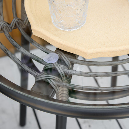 Outsunny 3 Pieces Outdoor PE Rattan Balcony Furniture, Round Wicker Patio Table and Chairs w/ 2 Armchairs & Glass Top Coffee Table Conversation Furniture Sets, Grey