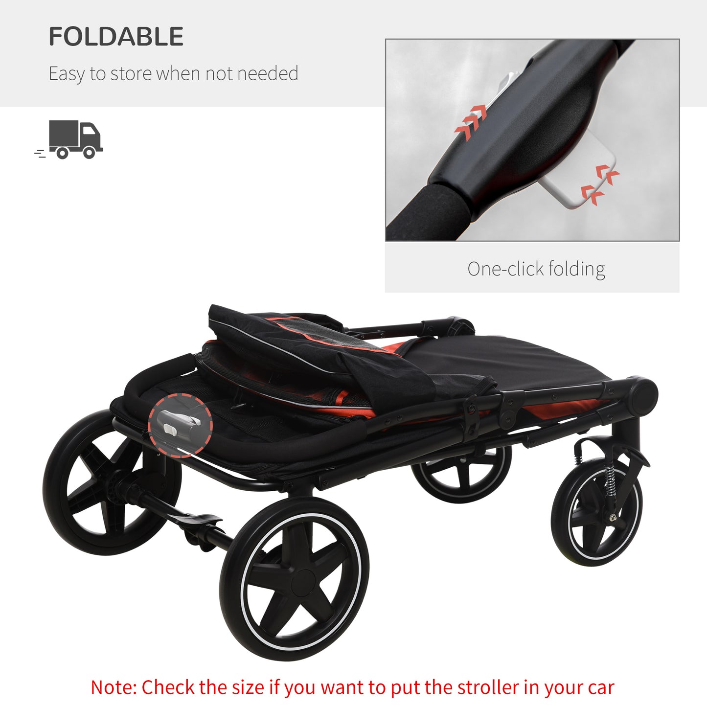 Pet Stroller w/ Universal Front Wheels, Shock Absorber, One-Click Foldable Dog Cat Carriage w/ Brakes, Storage Bags, Mesh Window, Safety Leash, for Large and Medium Dogs - Red