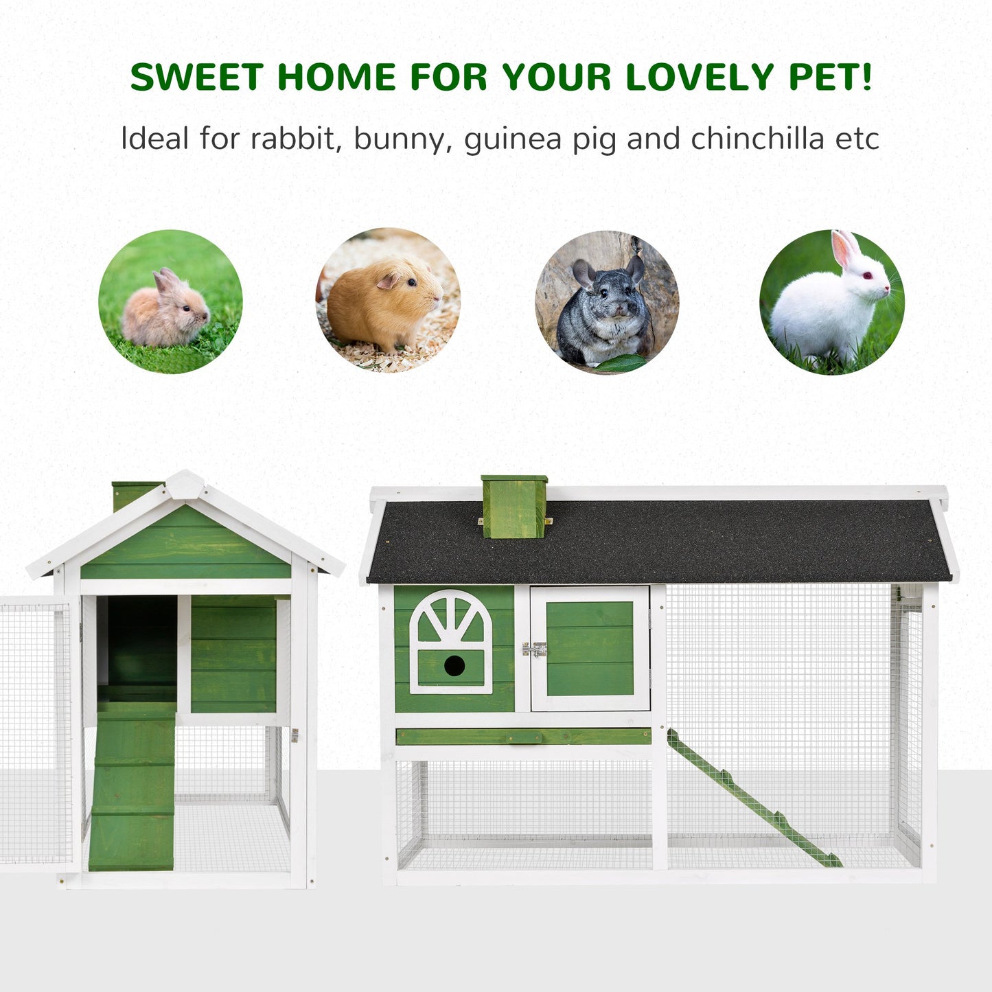 Rabbit Hutch and Run Guinea Pig Hutch Wooden Bunny Cage for Outdoor Indoor with Pull Out Tray Run Asphalt Roof Green 120 x 60 x 79 cm