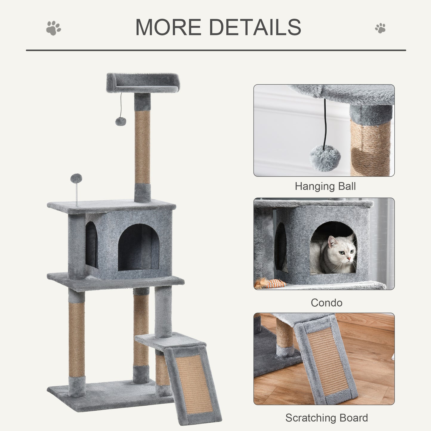 Cat Tree Tower for Indoor Cats 142cm Climbing Kitten Activity Center with Jute Scratching Post Board Perch Roomy Condo Removable Felt Hanging Toy, Grey