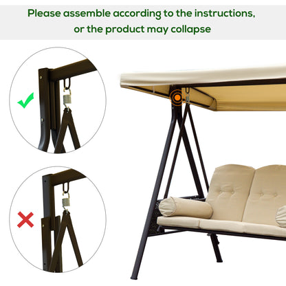 Steel Swing Chair Hammock Garden 3 Seater Canopy Cushion Shelter Outdoor Bench Beige