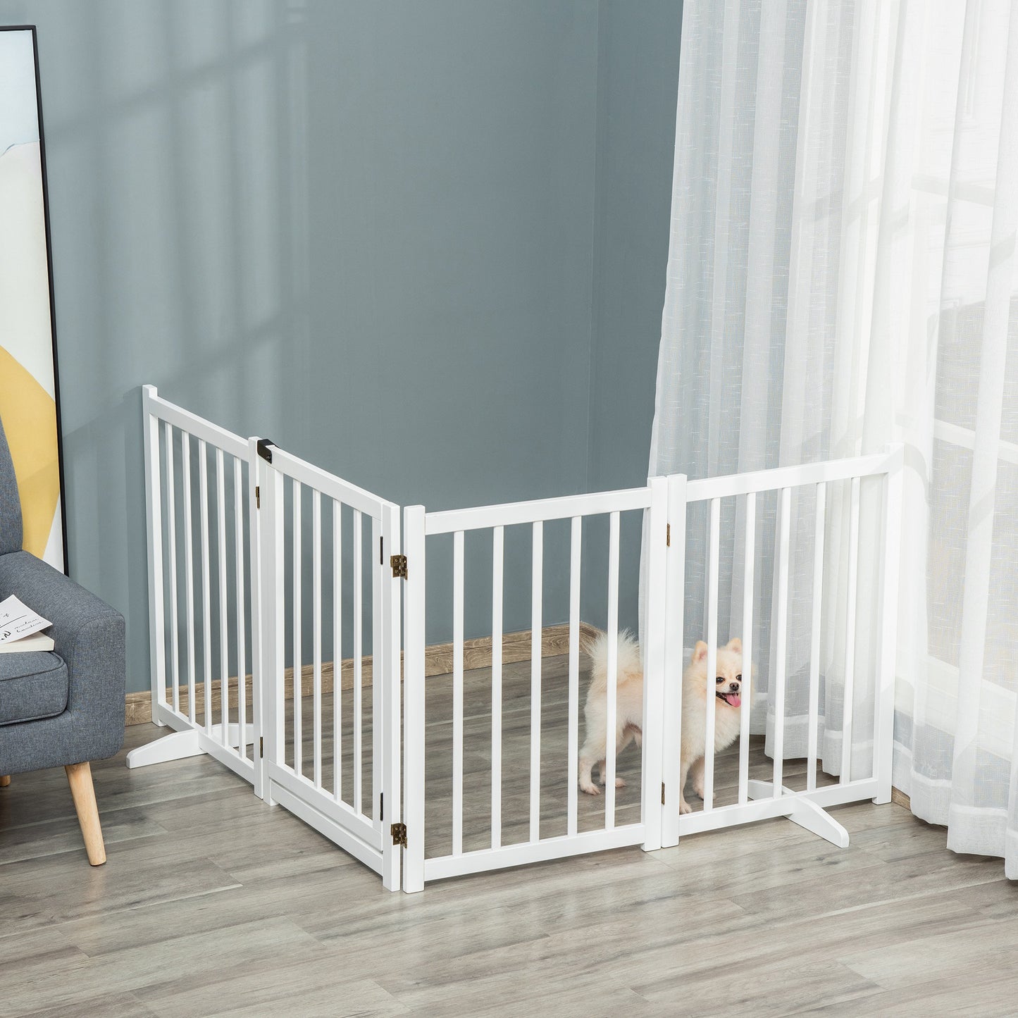 Freestanding Pet Gate for Small and Medium Dogs, Wooden Foldable Dog Safety Barrier with 4 Panels, 2 Support Feet, 80 cm Tall for Doorways, Stairs White