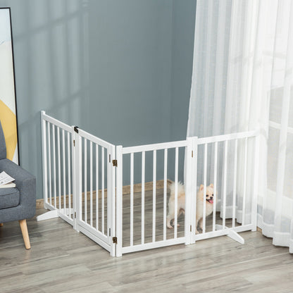 Freestanding Pet Gate for Small and Medium Dogs, Wooden Foldable Dog Safety Barrier with 4 Panels, 2 Support Feet, 80 cm Tall for Doorways, Stairs White