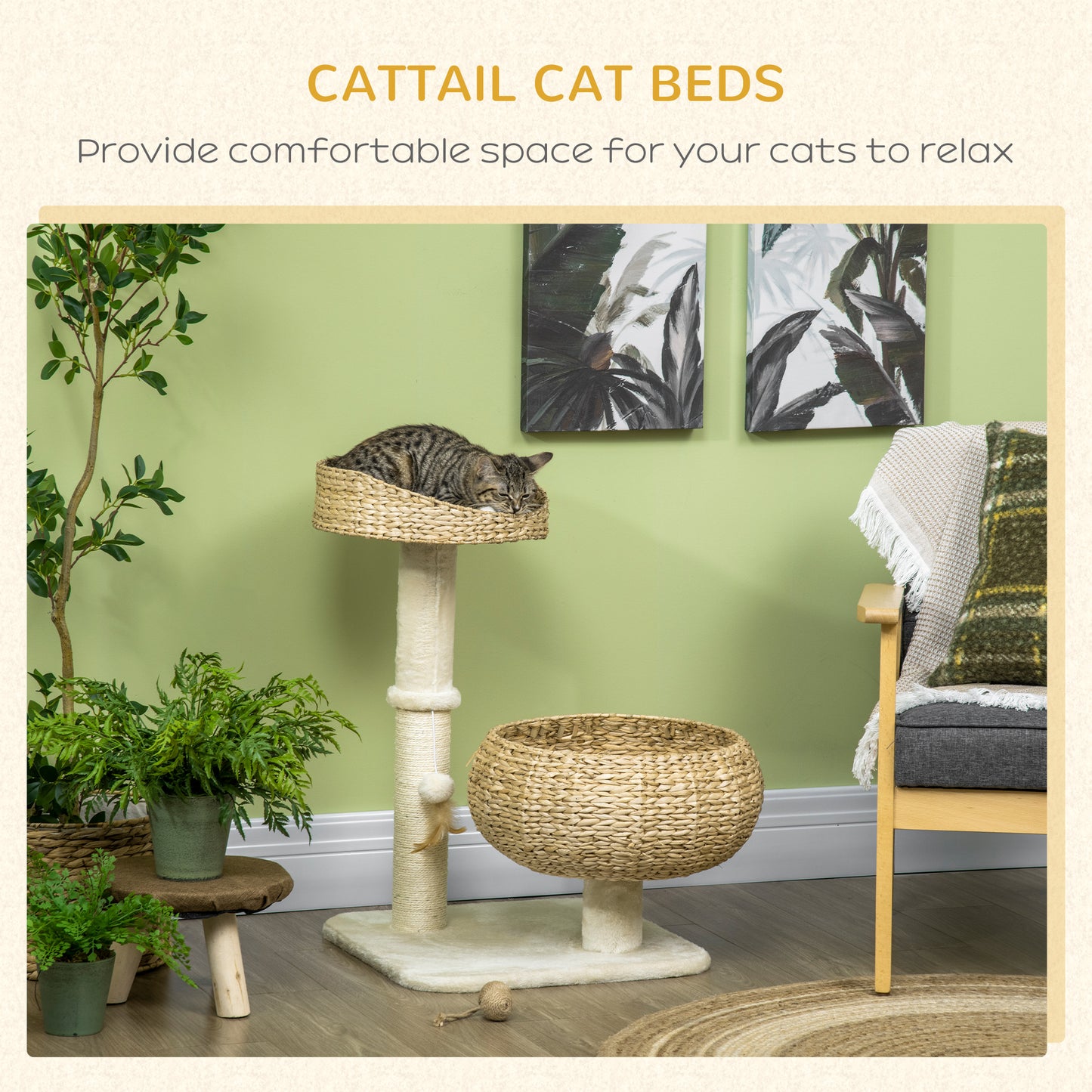 72cm Cat Tree, Kitty Activity Centre, Cat Climbing Toy, Cat Tower w/ Two Cattail Beds, Toy Ball, Scratching Post - Beige