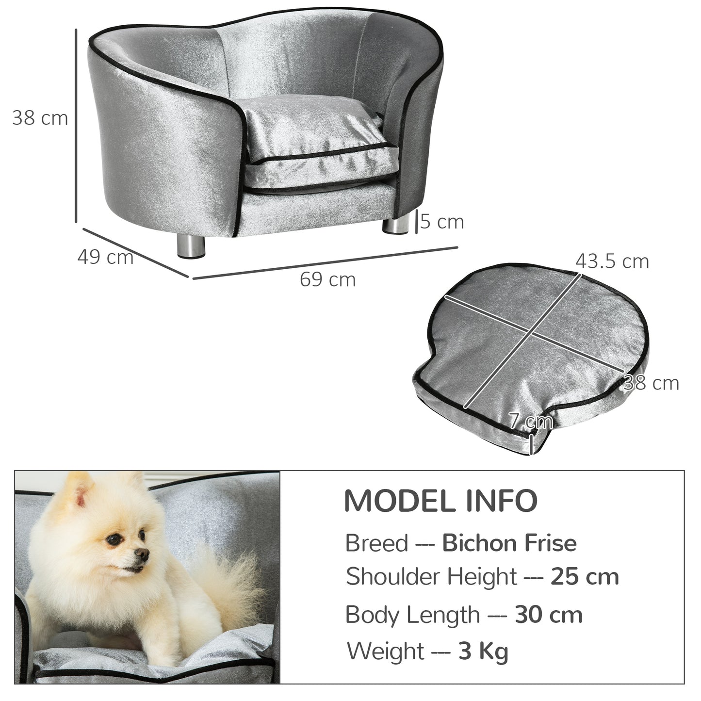 Dog Sofa Bed for Miniature Dogs, Pet Chair Couch Kitten Lounge with Soft Washable Cushion, Thick Sponge, Wooden Frame, Storage Pocket