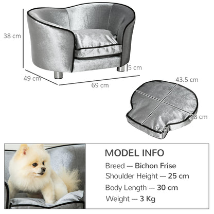 Dog Sofa Bed for Miniature Dogs, Pet Chair Couch Kitten Lounge with Soft Washable Cushion, Thick Sponge, Wooden Frame, Storage Pocket