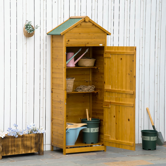 Outsunny Wooden Garden Storage Shed Utility Gardener Cabinet w/ 3 Shelves, Tilted-felt Roof and Two Lockable Doors, 79cm x 49cm x 191.5cm , Natural wood effect
