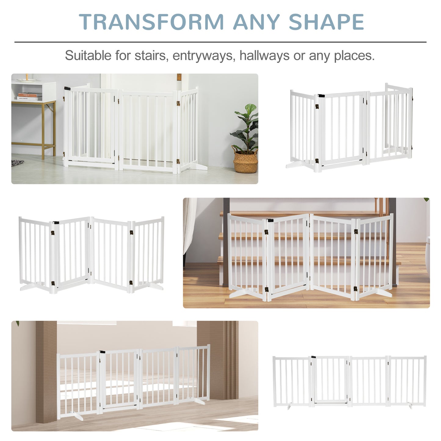 Freestanding Pet Gate for Small and Medium Dogs, Wooden Foldable Dog Safety Barrier with 4 Panels, 2 Support Feet, 80 cm Tall for Doorways, Stairs White