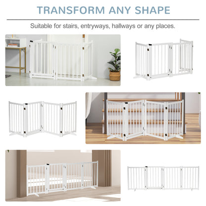 Freestanding Pet Gate for Small and Medium Dogs, Wooden Foldable Dog Safety Barrier with 4 Panels, 2 Support Feet, 80 cm Tall for Doorways, Stairs White