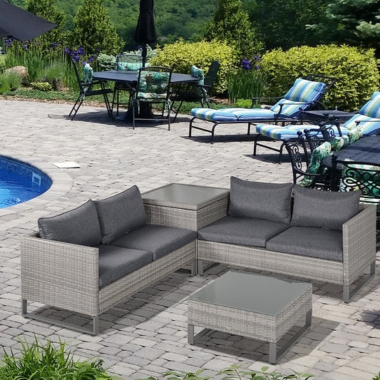 Outsunny 4 PCs PE Rattan Wicker Set Outdoor Conservatory Furniture Lawn Patio Coffee Table w/ Side Storage Box & Cushion, Grey