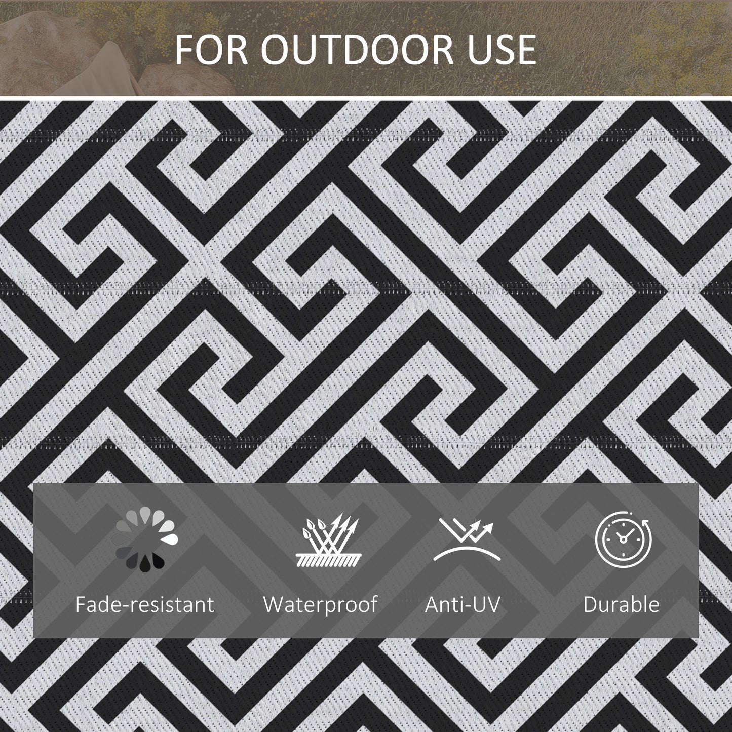 121 x 182 cm(4x6ft) Outdoor Patio Rug Reversible Mat Plastic Straw Rug Portable RV Camping Mat for Garden Deck Picnic Indoor, Black & White