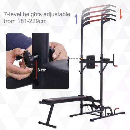 Multifunction Power Tower Home Workout Dip Station w/ Sit-up Bench Push-up Bars and Tension Ropes Fitness Equipment Gym Training