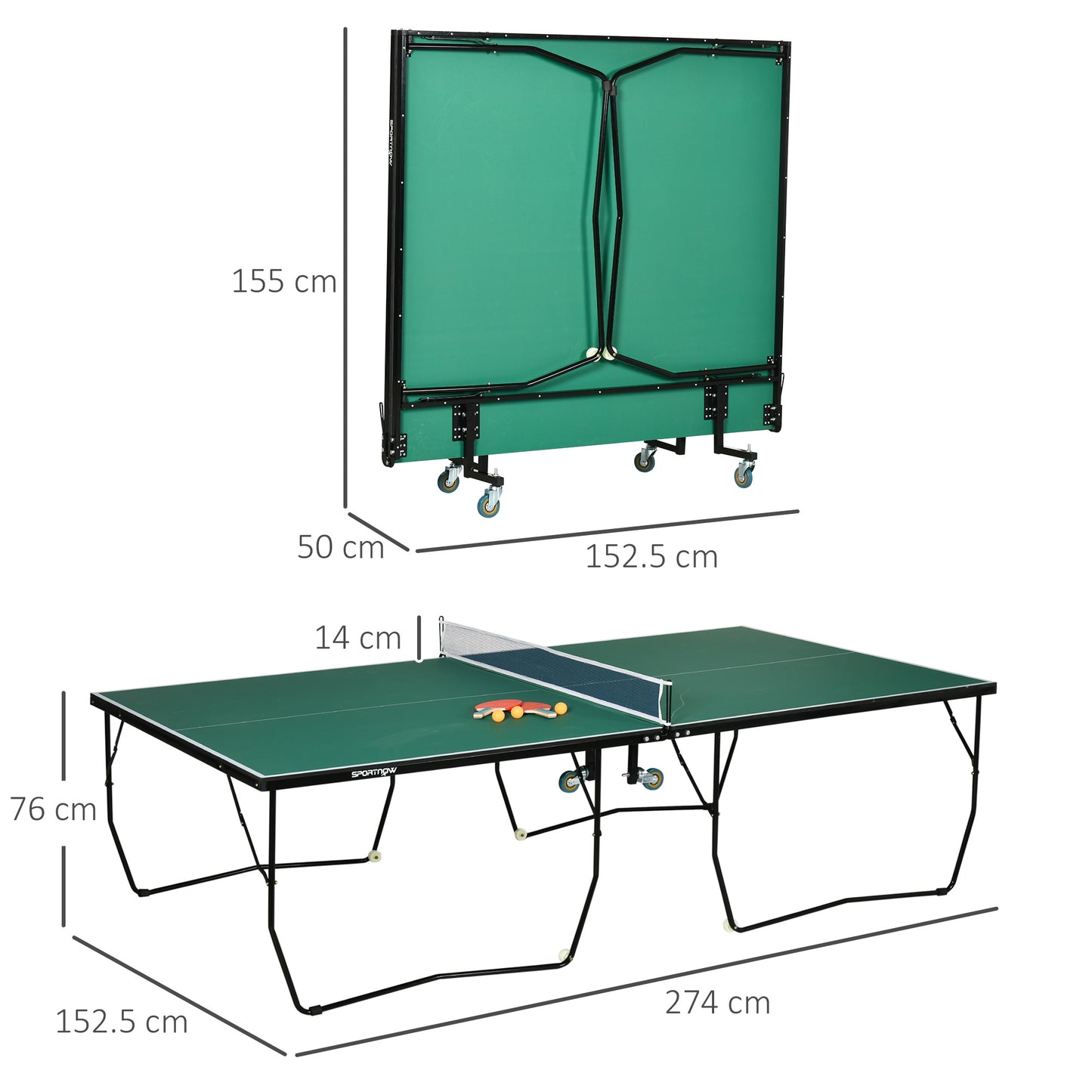 9FT Folding Tennis Table, with 8 Wheels, for Indoor Use, Green + Comes with a net, two paddles and three balls