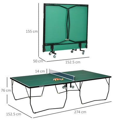 9FT Folding Tennis Table, with 8 Wheels, for Indoor Use, Green + Comes with a net, two paddles and three balls