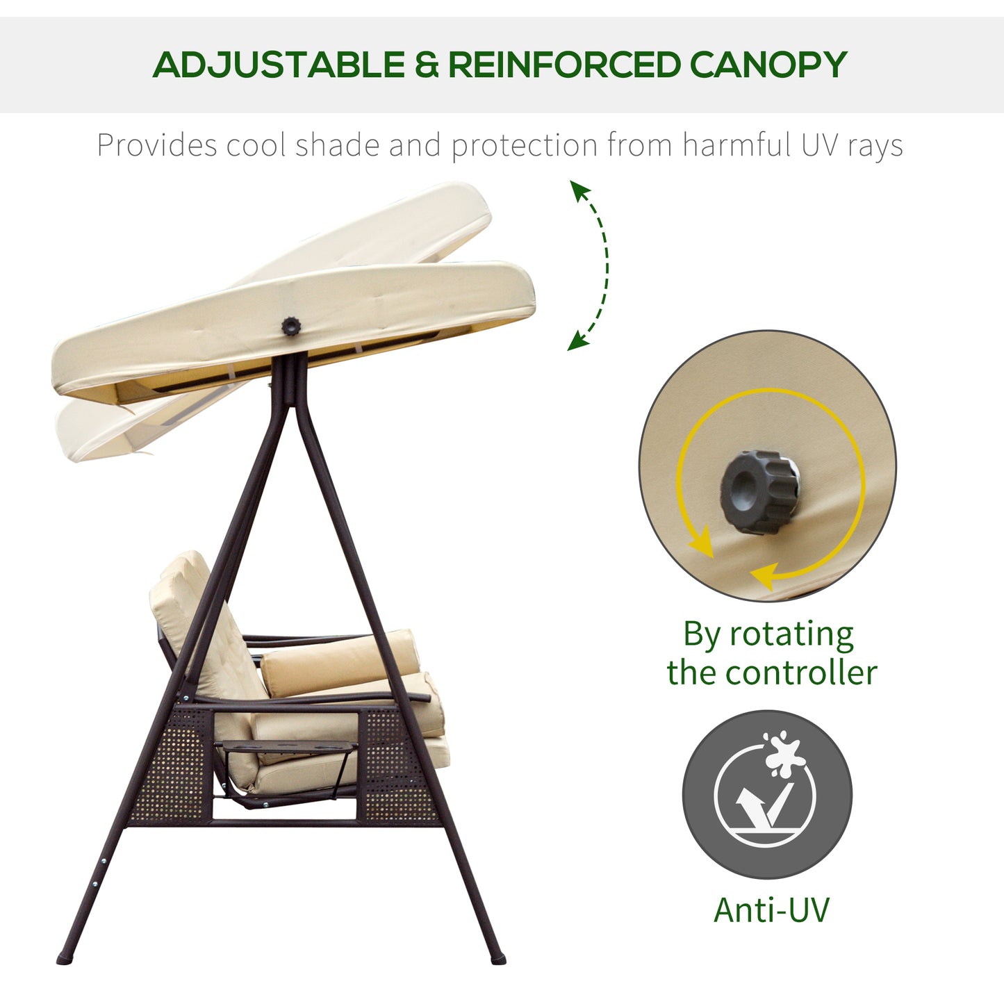Steel Swing Chair Hammock Garden 3 Seater Canopy Cushion Shelter Outdoor Bench Beige