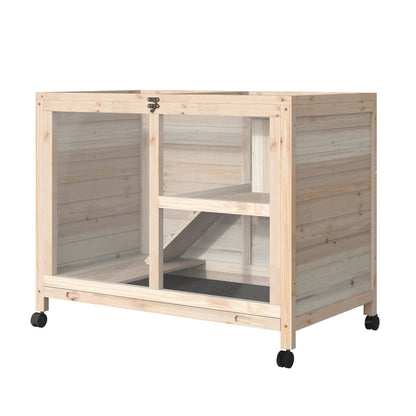 Wooden Rabbit Hutch Guinea Pigs House Bunny Small Animal Cage w/ Pull-out Tray Openable Roof Wheels 91.5 x 53.3 x 73 cm, Natural