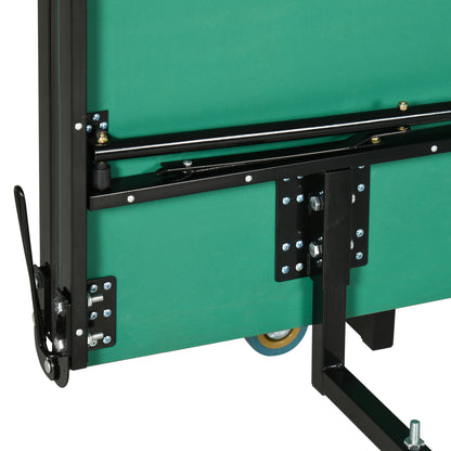 9FT Folding Tennis Table, with 8 Wheels, for Indoor Use, Green + Comes with a net, two paddles and three balls
