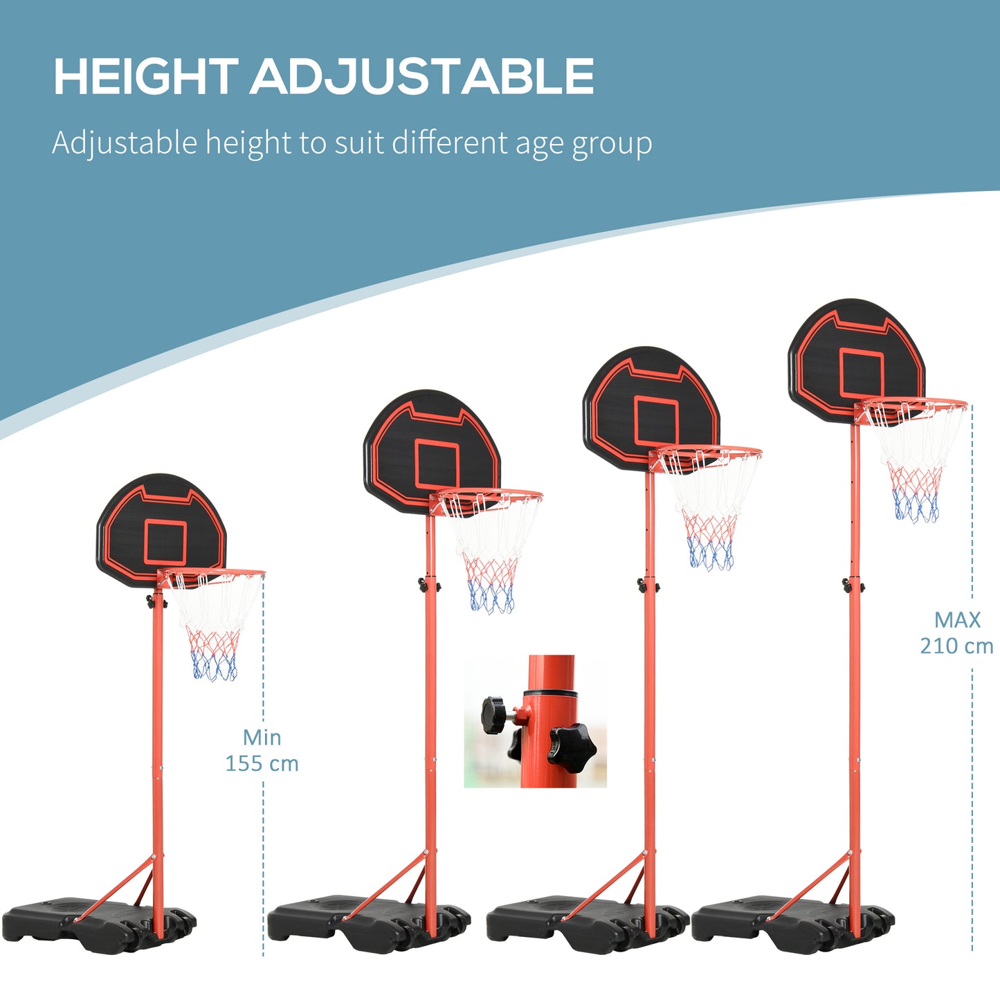 HOMCOM Basketball Stand Net Hoop Backboard Portable 155-210cm Hoop Height Adjustable with Wheels for Kids Sports Fun