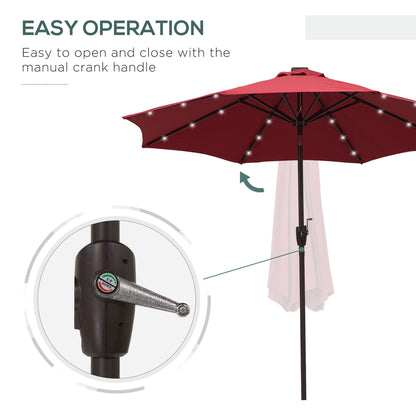 Φ2.7m Garden 24 LED Light Parasol Solar Outdoor Tilt Sun Umbrella Patio Club Party Event Manual Sun Shade w/ Hand Crank and 8 Ribs Red