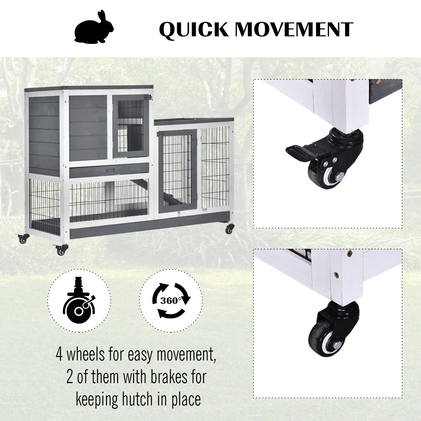 Wooden Indoor Rabbit Hutch Guinea Pig House Bunny Small Animal Cage W/ Wheels Enclosed Run 110 x 50 x 86 cm, Grey