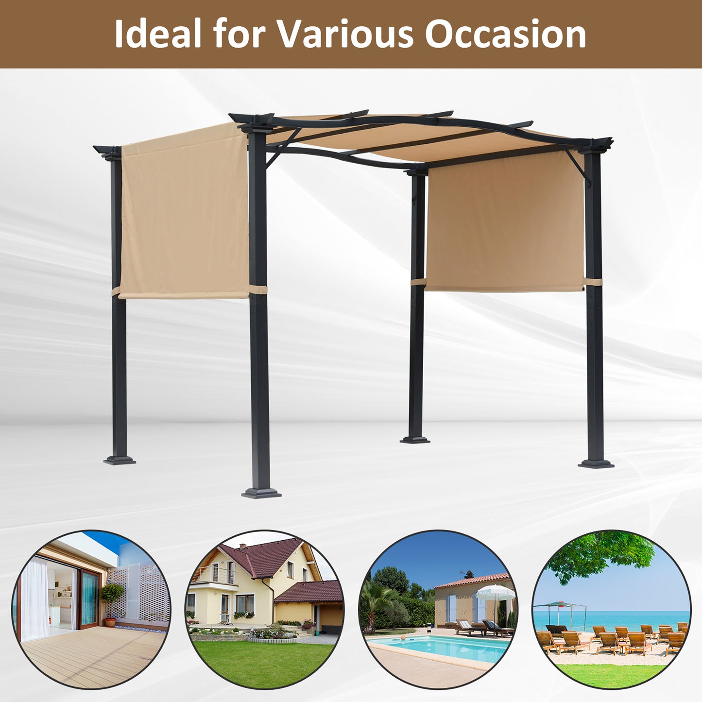 Outdoor Retractable Pergola Garden Gazebo with Two Adjustable Side Canopy Overhead Sun Shade Backyard Canopy Cover, Steel Khaki 3x2.45x2.3m