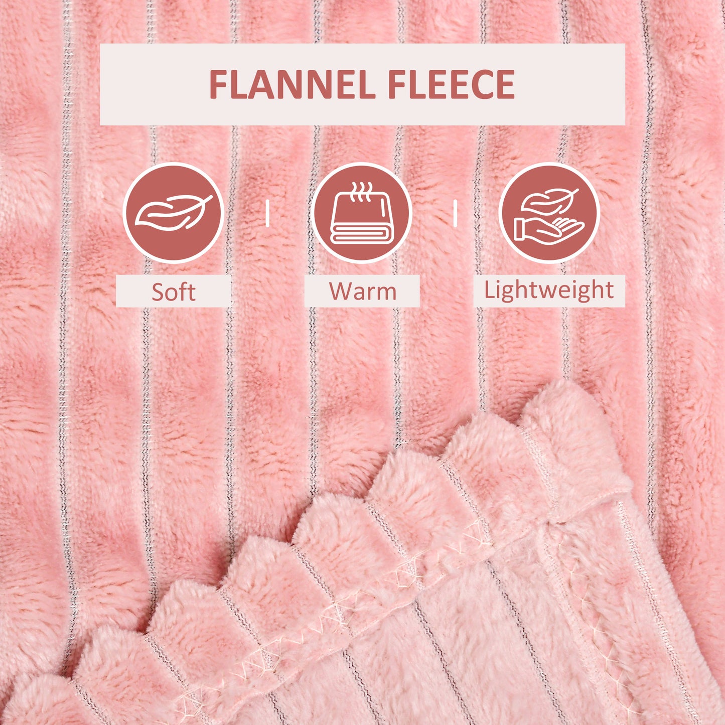 Flannel Fleece Throw Blanket, Fluffy Warm Throw Blanket, Striped Reversible Travel Bedspread, Double Size, 203 x 153cm, Pink