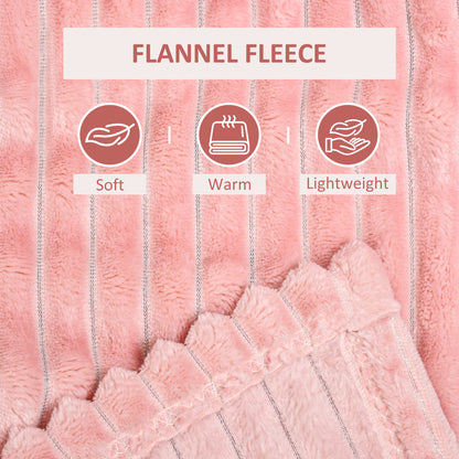 Flannel Fleece Throw Blanket, Fluffy Warm Throw Blanket, Striped Reversible Travel Bedspread, Double Size, 203 x 153cm, Pink