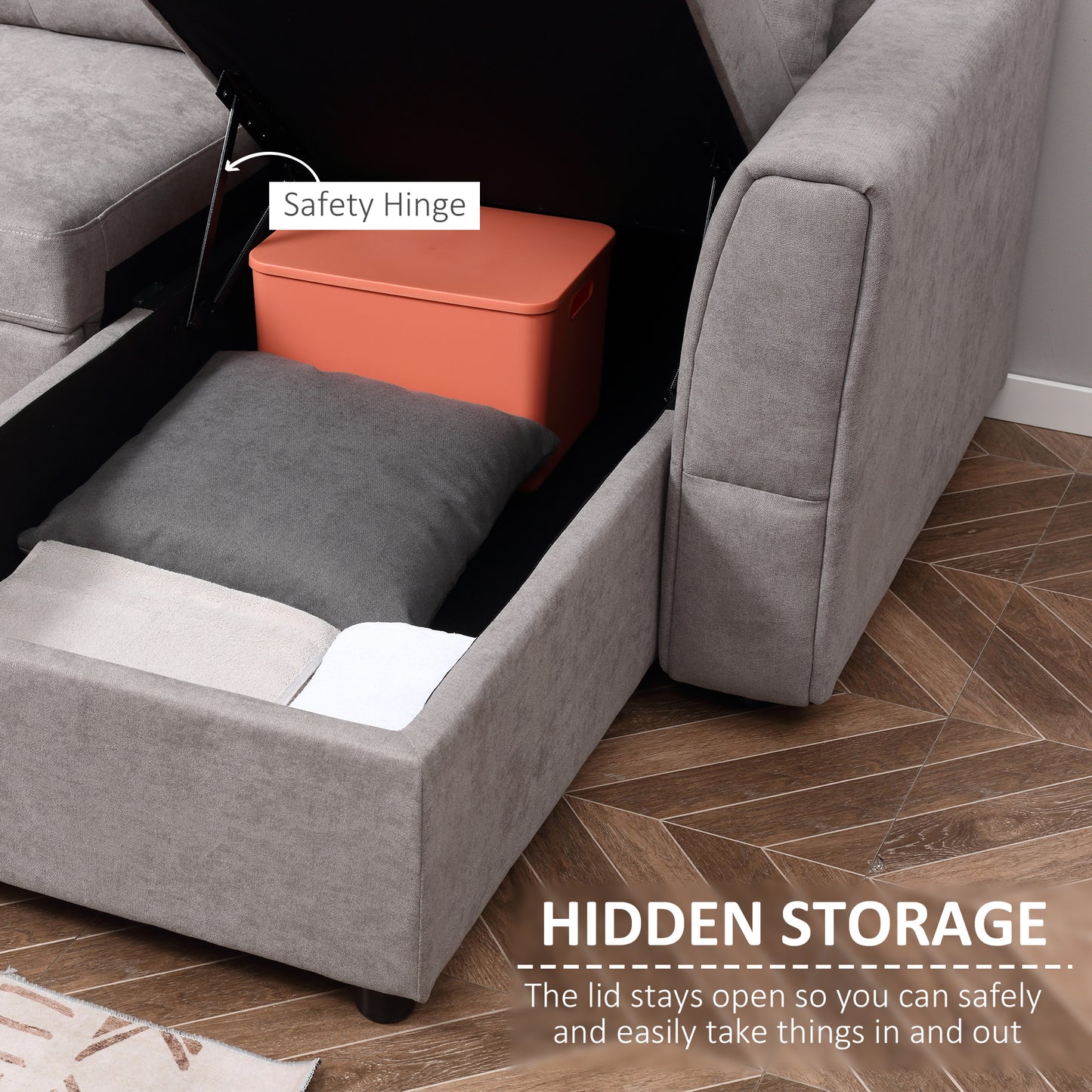3 Seater Linen Look L-Shaped Corner Sofa, Pull Out Sofa with Storage Compartment In Grey - Hurry Limited Stock!