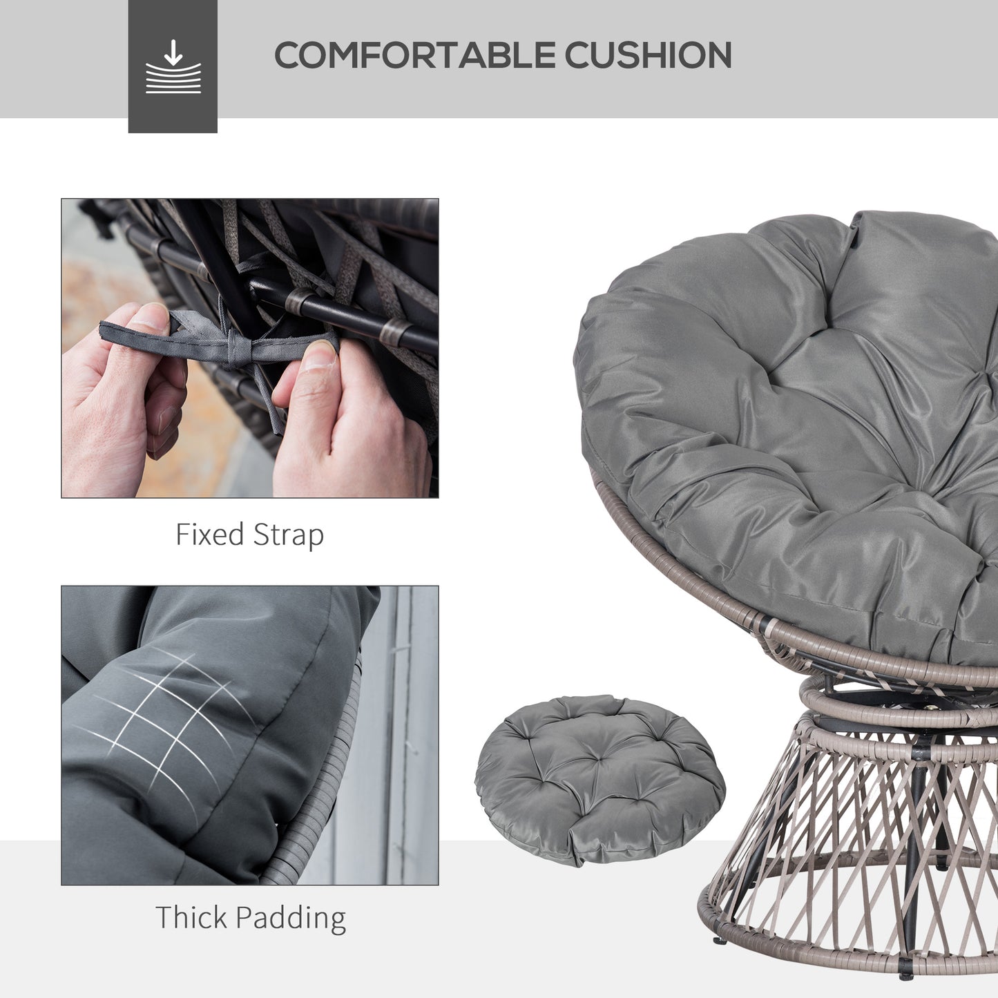 Outsunny 360√Ç¬¨√Ç¬®√¢¬Ä¬ö√É¬†√É¬ª Swivel Rattan Papasan Moon Bowl Chair Round Lounge Garden Wicker Basket Seat with Padded Cushion Oversized for Outdoor Indoor, Grey