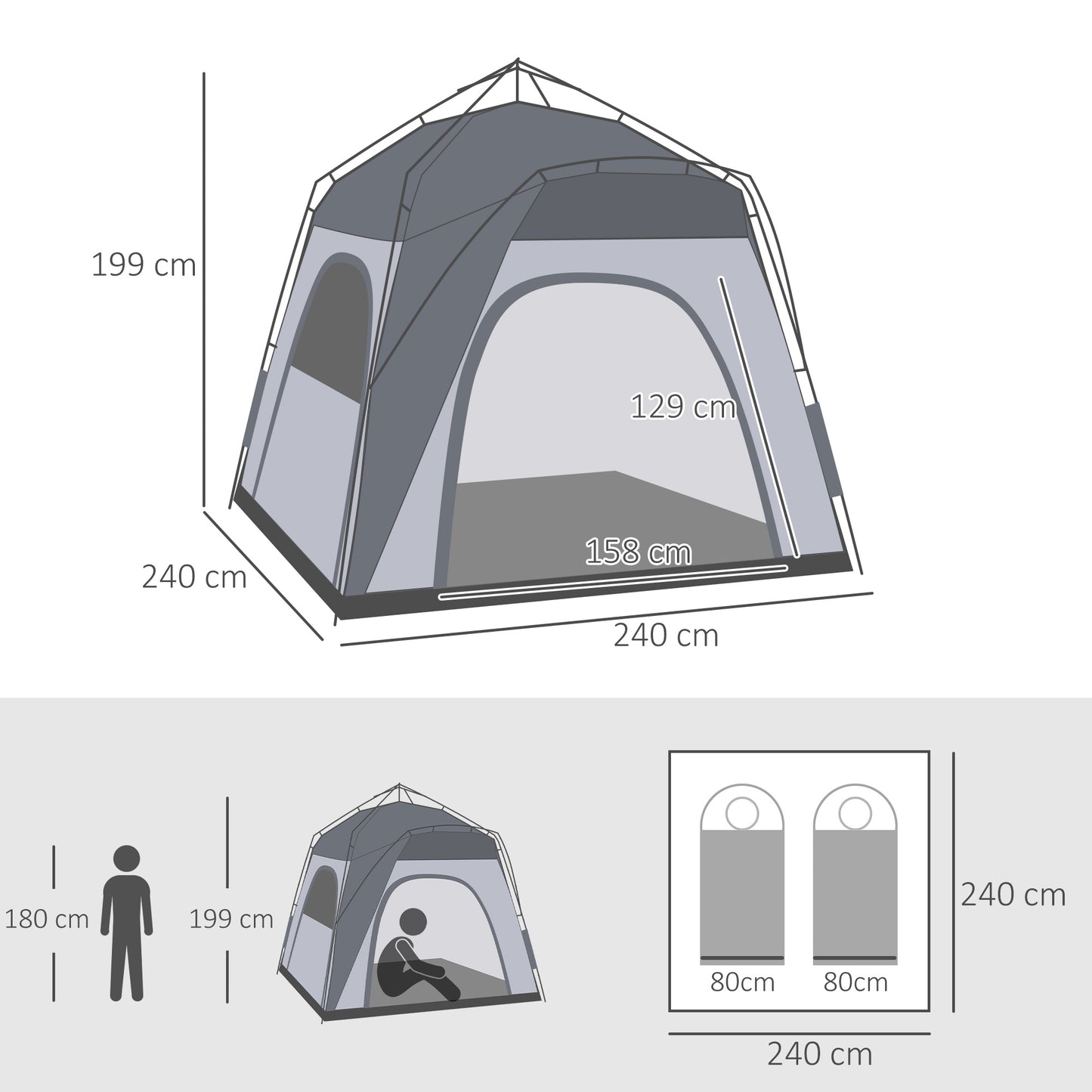 Warehouse Clearance Sale - Outsunny 4 Person Automatic Camping Tent, Outdoor Pop Up Tent, Portable Backpacking Dome Shelter, Grey