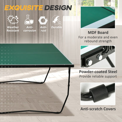 9FT Folding Tennis Table, with 8 Wheels, for Indoor Use, Green + Comes with a net, two paddles and three balls