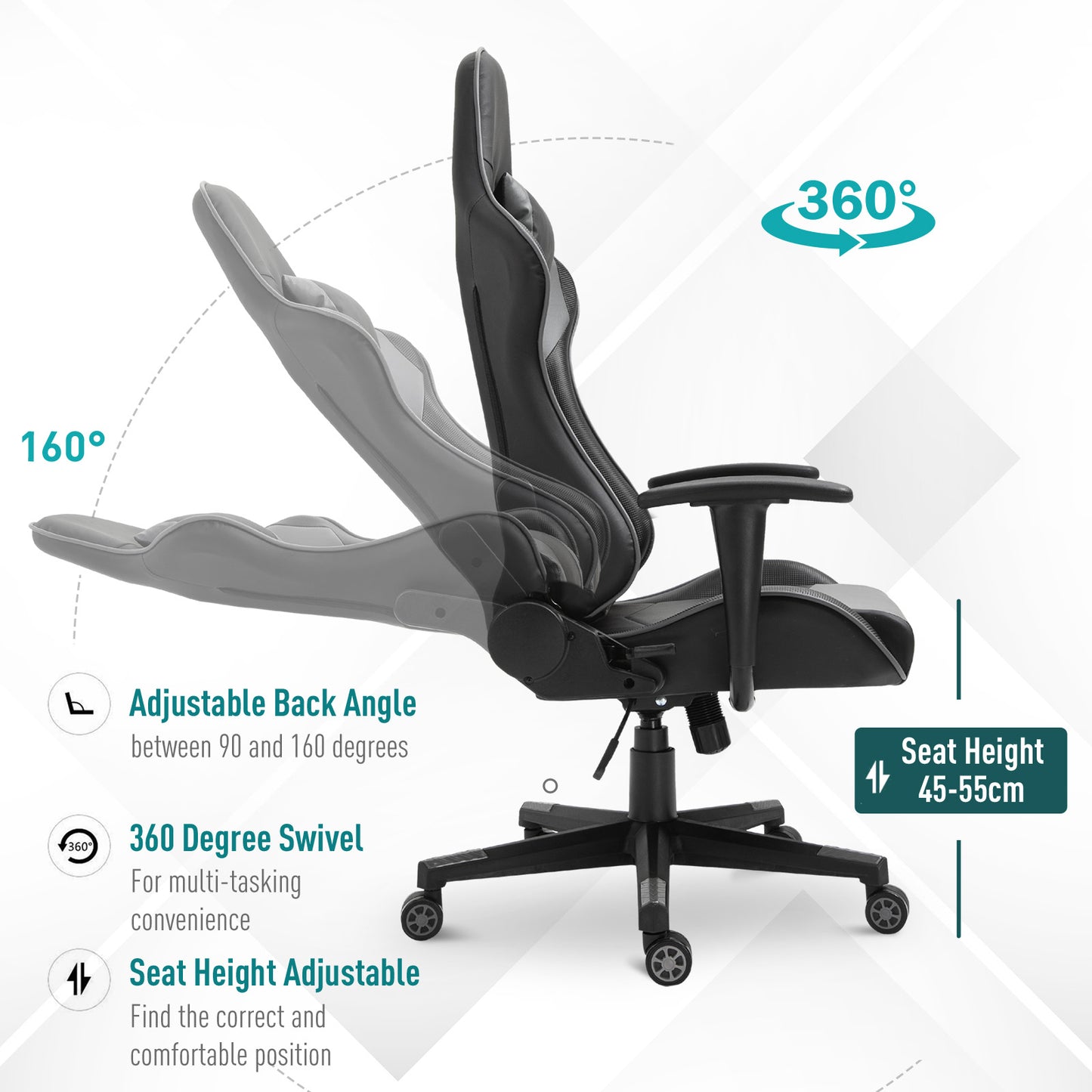 High Back Racing Gaming Chair, PU Leather Reclining Computer Chair with Head Pillow and Lumbar Support, Black
