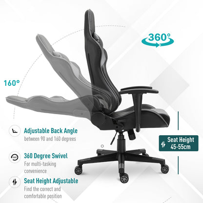 High Back Racing Gaming Chair, PU Leather Reclining Computer Chair with Head Pillow and Lumbar Support, Black