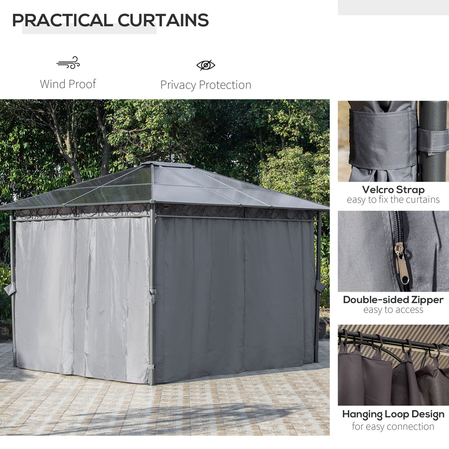 Outsunny 3 x 3.6m Hardtop Gazebo with UV Resistant Polycarbonate Roof, Steel & Aluminum Frame, Garden Pavilion with Curtains, Grey