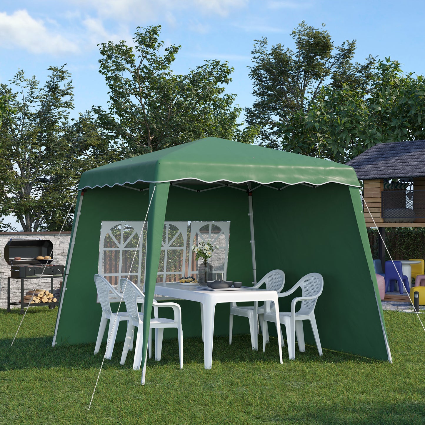 Outsunny Pop Up Gazebo with 2 Sides, Slant Legs and Carry Bag, Height Adjustable UV50+ Party Tent Event Shelter for Garden, Patio, 2.4 x 2.4m Top / 2.9 x 2.9m Base, Green