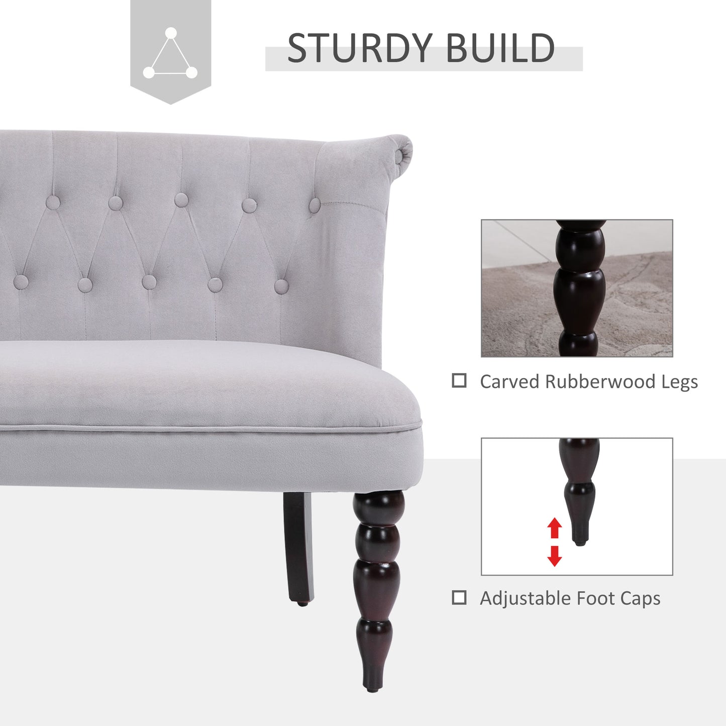 2 Seat Sofa Lounger Couch with Wood Frame Button Tufts Carved Legs Vintage Design Compact Home Bedroom Loveseat Grey