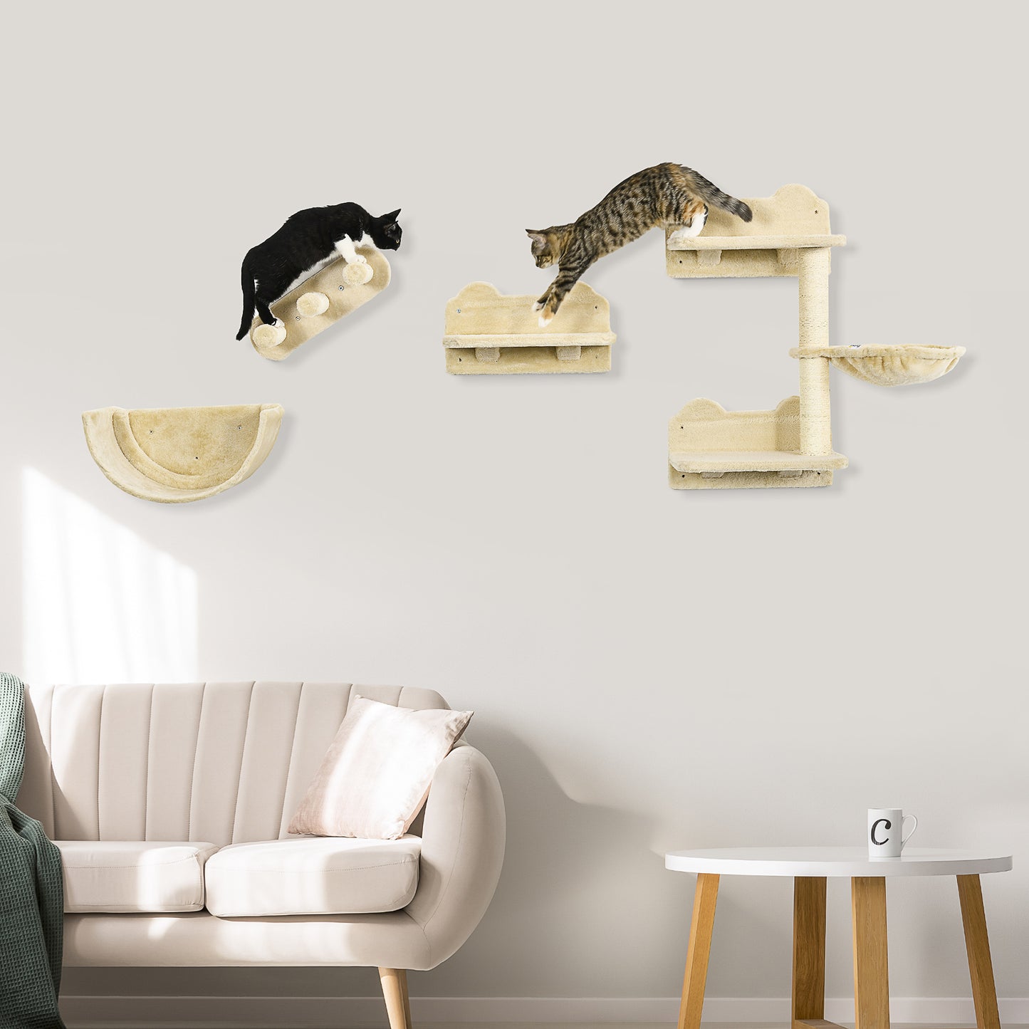4PCs Wall Mounted Cat Tree Cat Wall Shelves Furniture Climbing Shelf Set Kitten Activity Centre w/ Hammock, Scratching Post - Beige