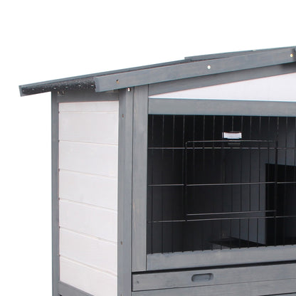 2 Tier Wooden Rabbit Hutch Guinea Pig Hutch Small Animal Cage Slide Out Tray Ramp Outdoor Run Openable Roof Grey 101.5 x 90 x 100 cm